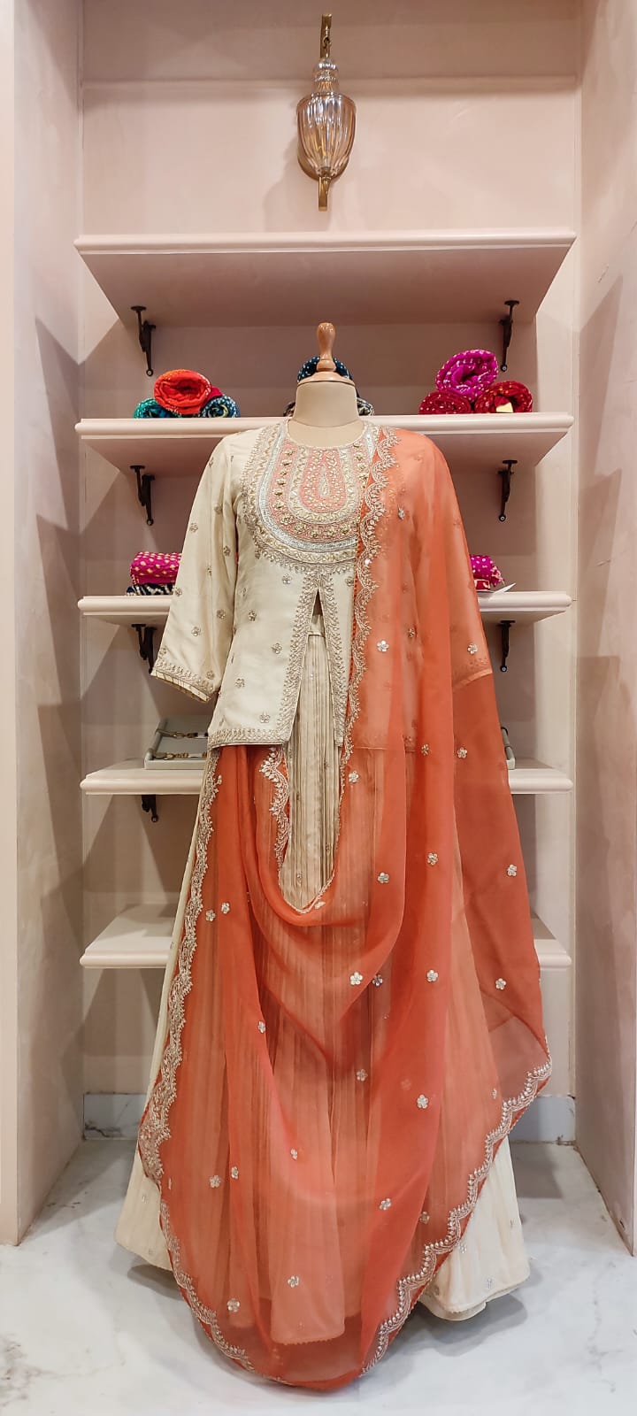 Short Kurti & Pleated Skirt With Organza Dupatta