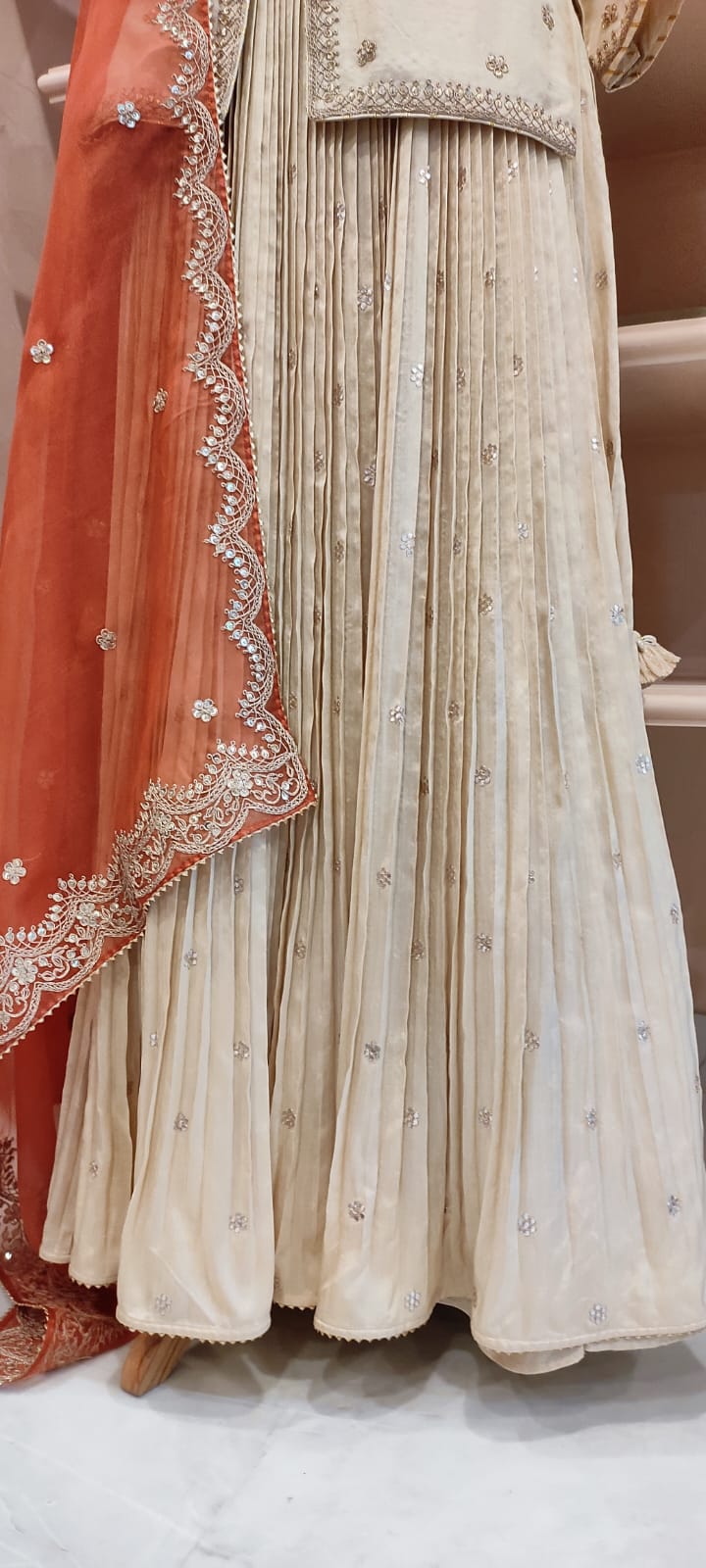 Short Kurti & Pleated Skirt With Organza Dupatta