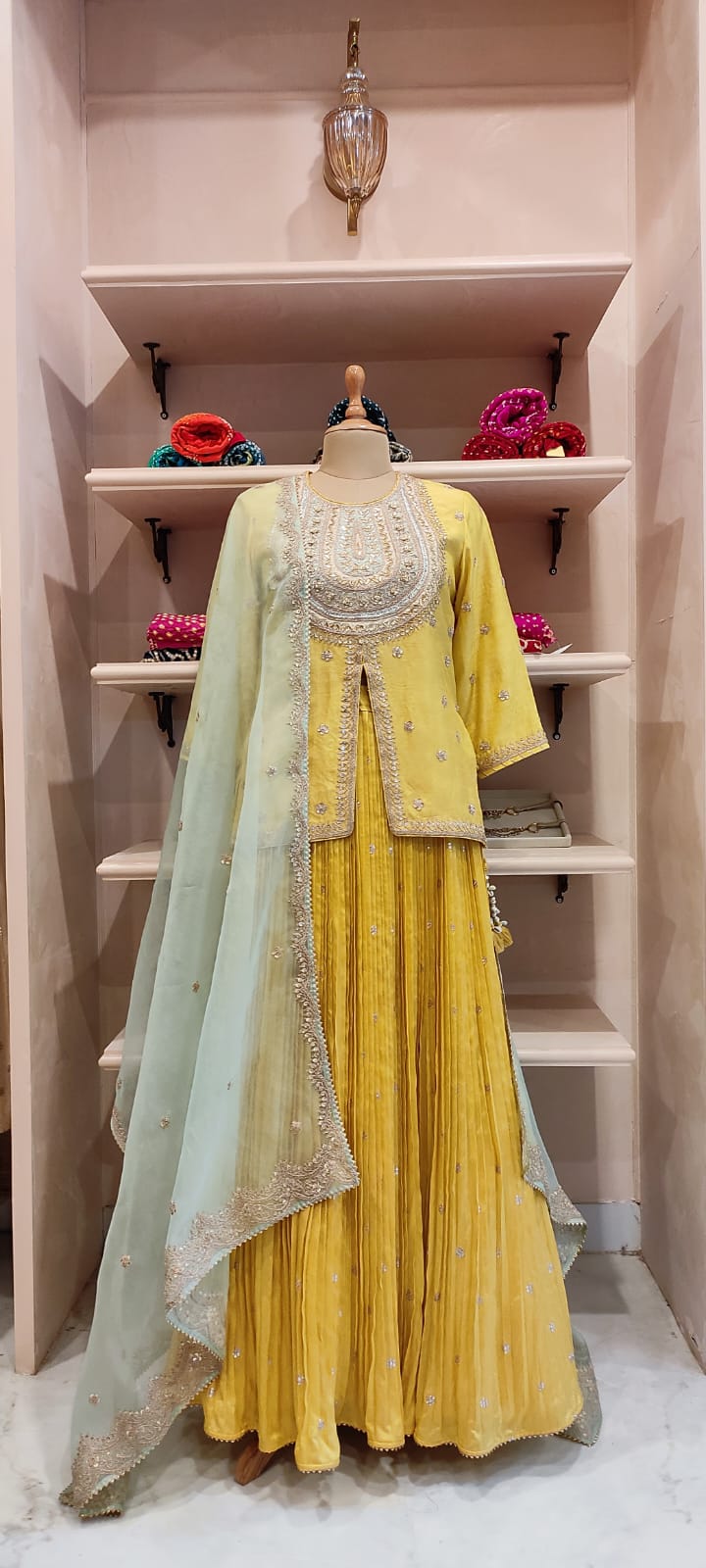 Short Kurti & Pleated Skirt With Organza Dupatta