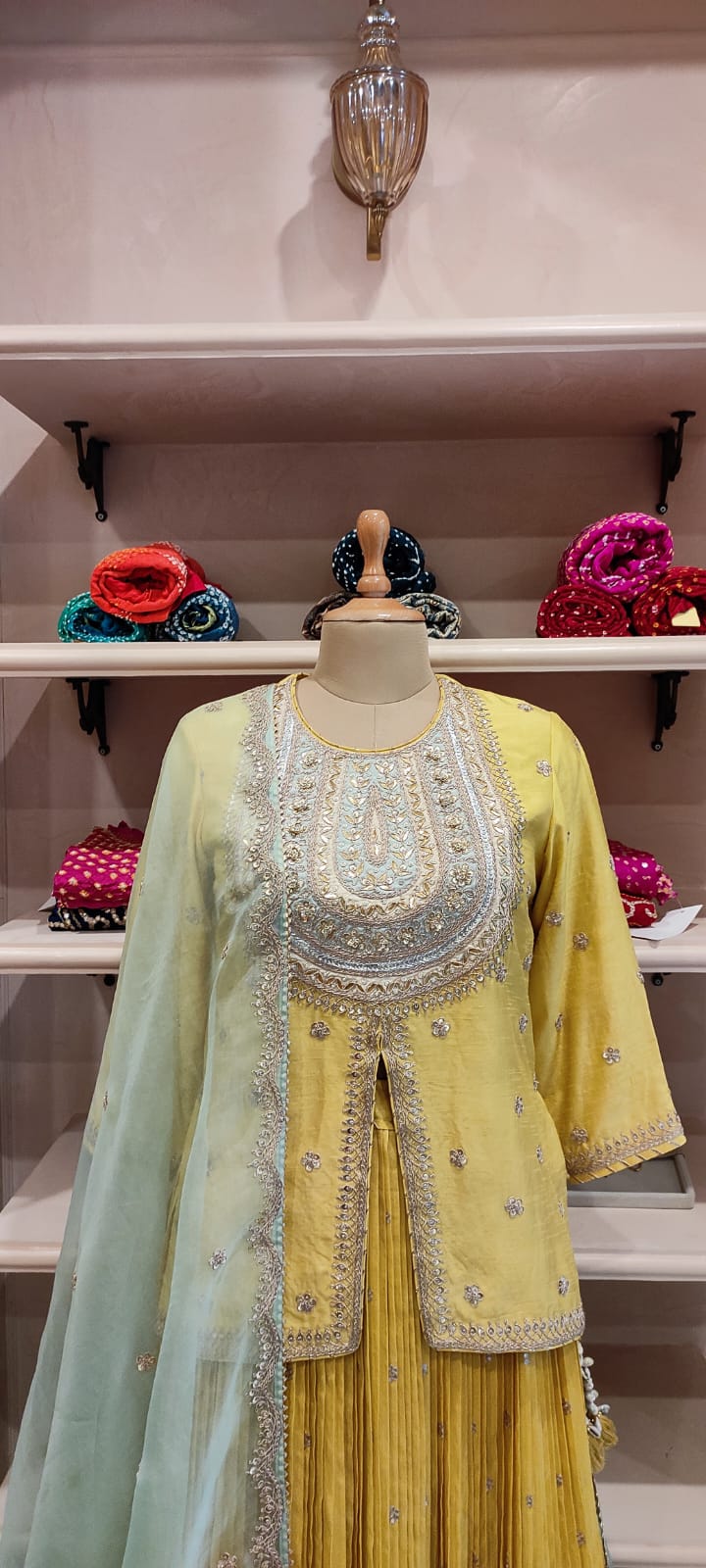 Short Kurti & Pleated Skirt With Organza Dupatta