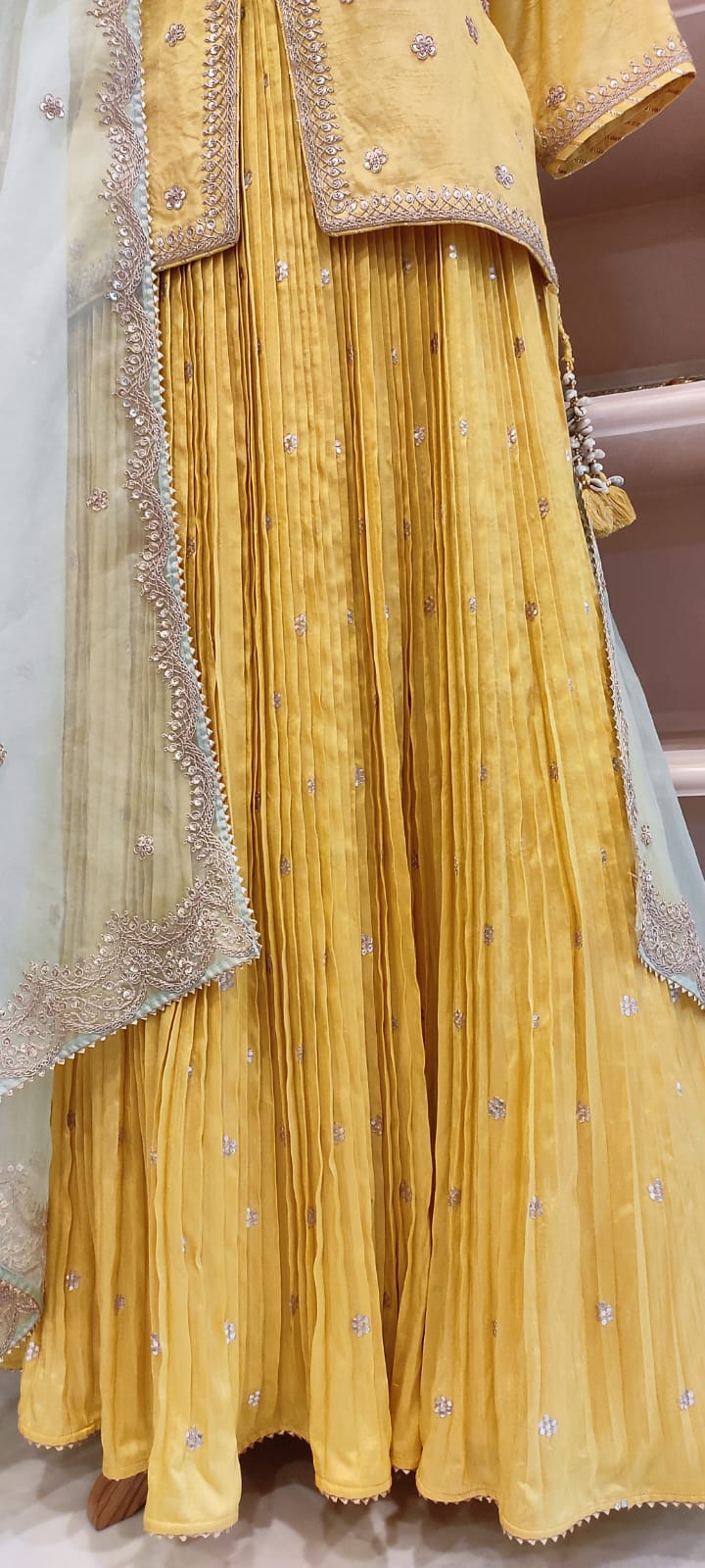 Short Kurti & Pleated Skirt With Organza Dupatta