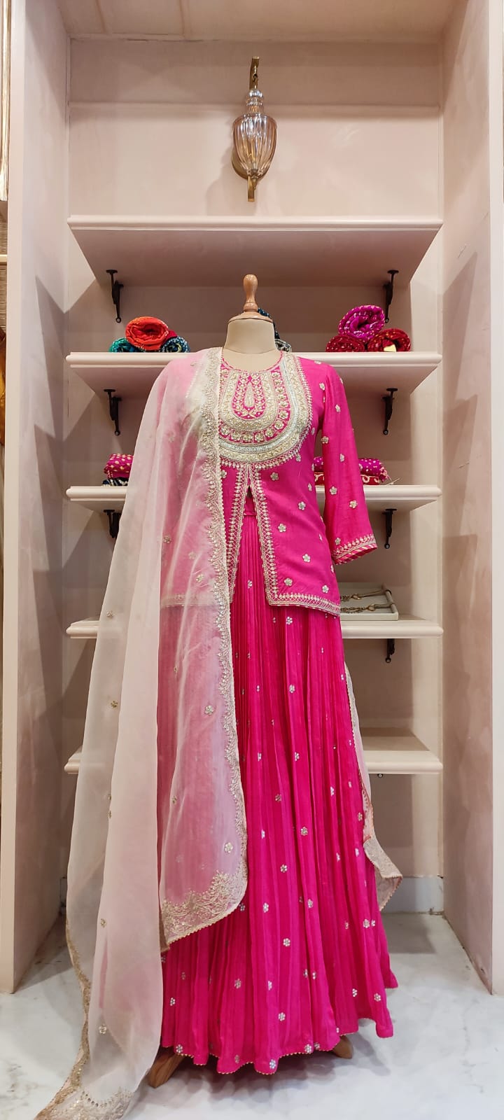 Short Kurti & Pleated Skirt With Organza Dupatta