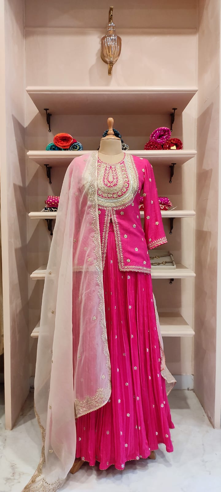 Short Kurti & Pleated Skirt With Organza Dupatta