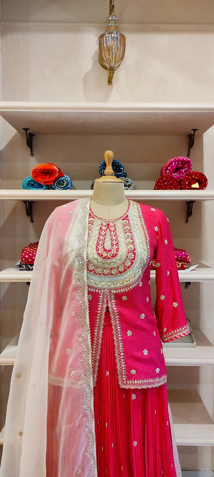 Short Kurti & Pleated Skirt With Organza Dupatta