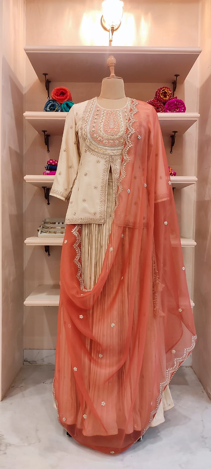 Short Kurti & Pleated Skirt With Organza Dupatta