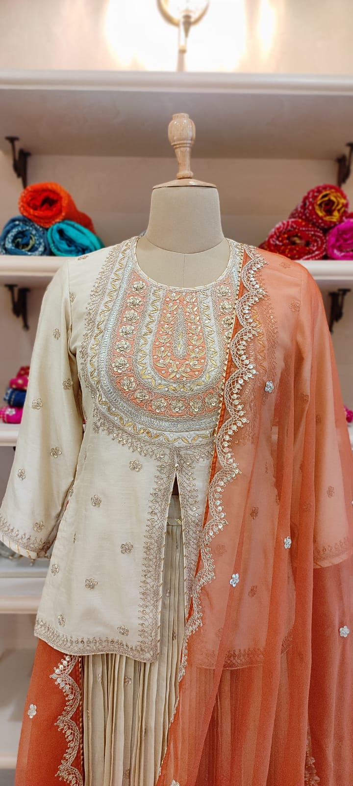 Short Kurti & Pleated Skirt With Organza Dupatta