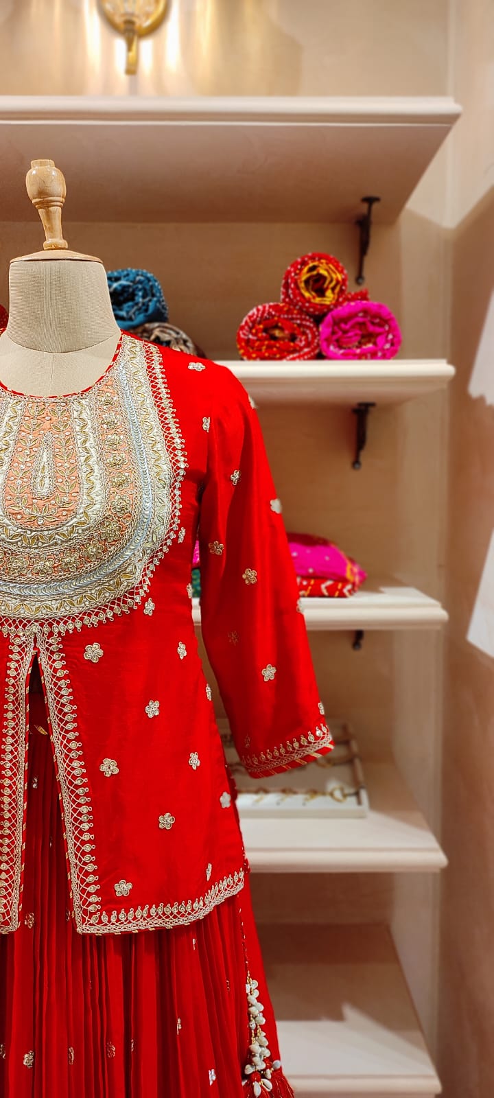 Short Kurti & Pleated Skirt With Organza Dupatta