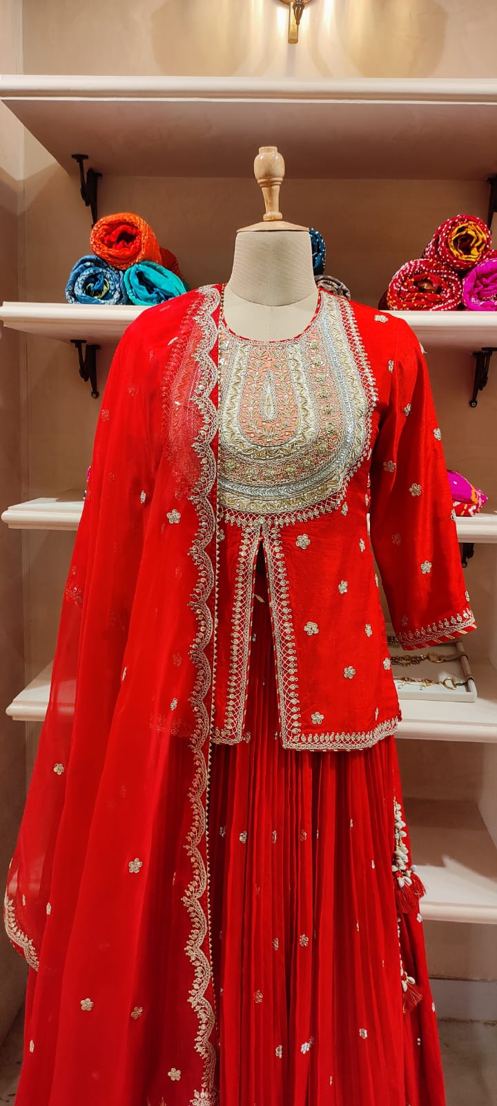 Short Kurti & Pleated Skirt With Organza Dupatta