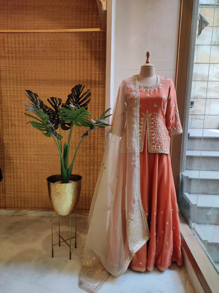 Short Kurti & Lehenga with Organza Dupatta