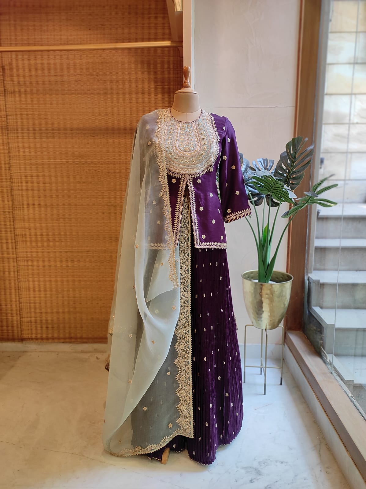 Short Kurti & Pleated Skirt With Organza Dupatta