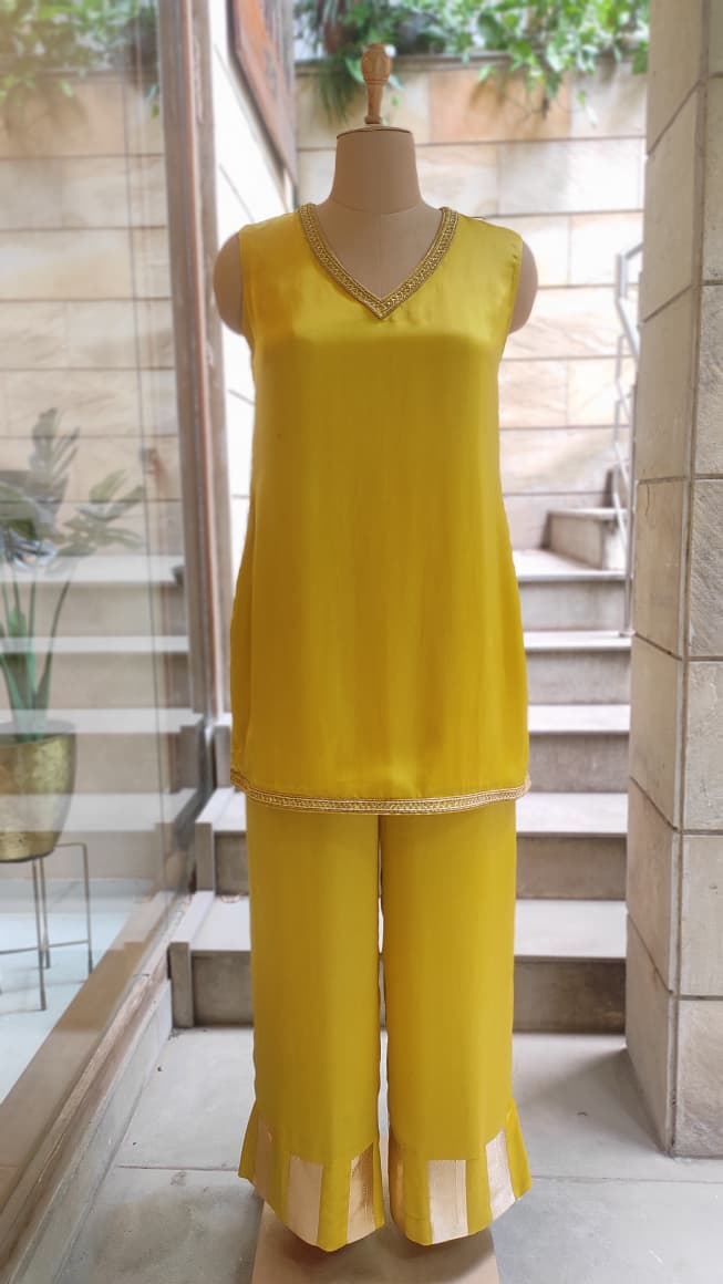 Yellow Leheriya Embroidered Layered Cape Set