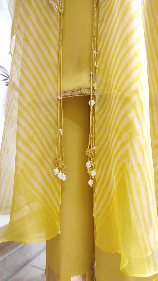 Yellow Leheriya Embroidered Layered Cape Set