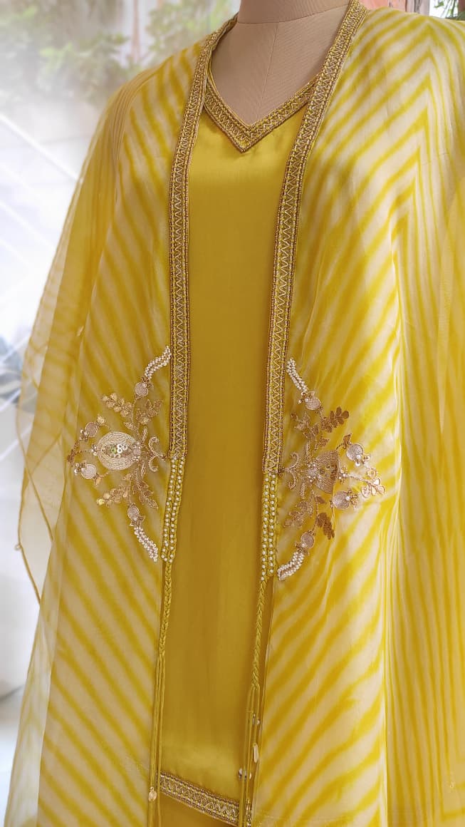 Yellow Leheriya Embroidered Layered Cape Set