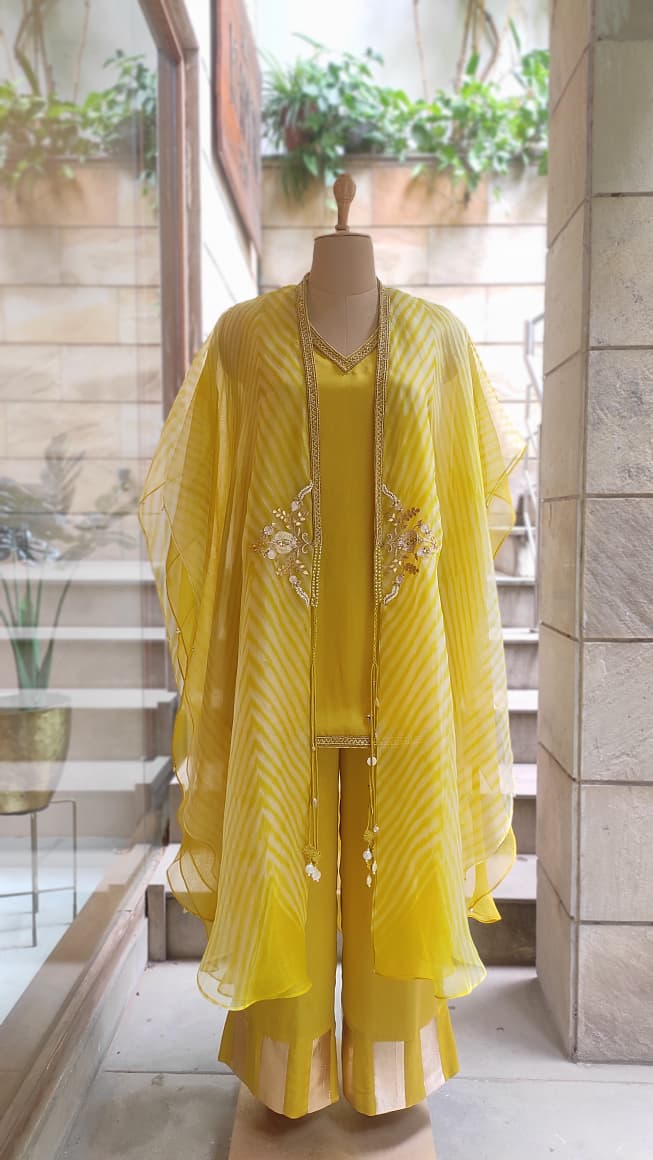 Yellow Leheriya Embroidered Layered Cape Set