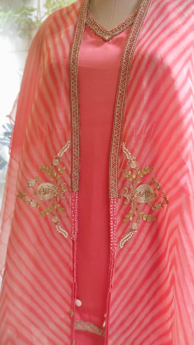 Orange Leheriya Embroidered Layered Cape Set