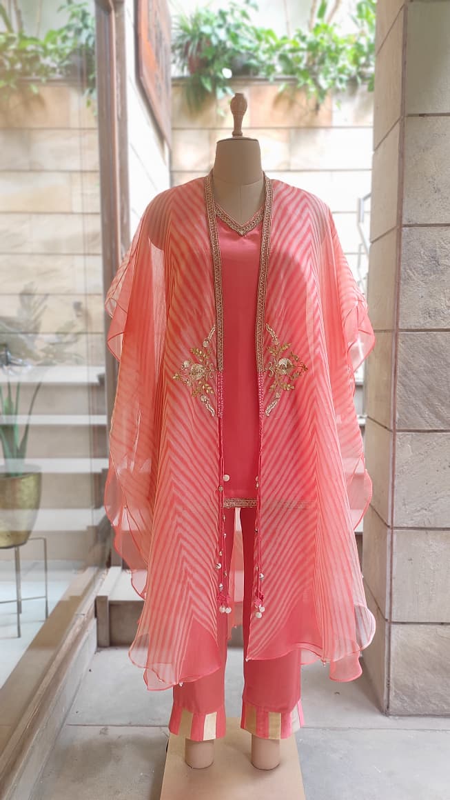 Orange Leheriya Embroidered Layered Cape Set