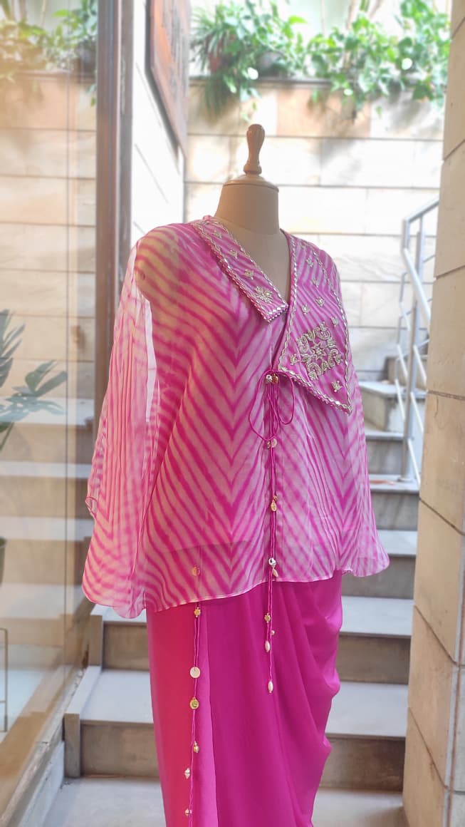 Pink Leheriya Collar top with Drape Skirt Set
