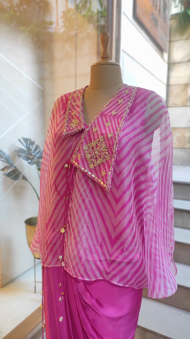 Pink Leheriya Collar top with Drape Skirt Set