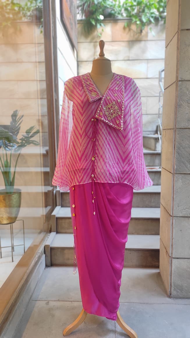 Pink Leheriya Collar top with Drape Skirt Set