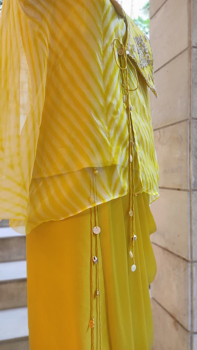 Yellow Leheriya Collar top with Drape Skirt Set