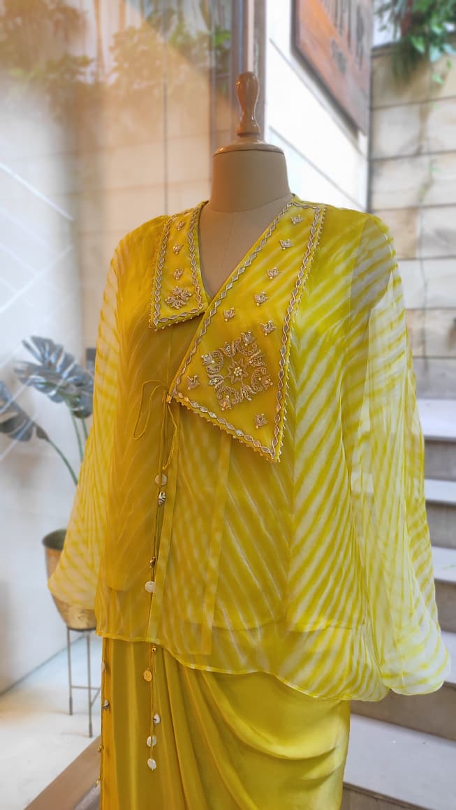 Yellow Leheriya Collar top with Drape Skirt Set