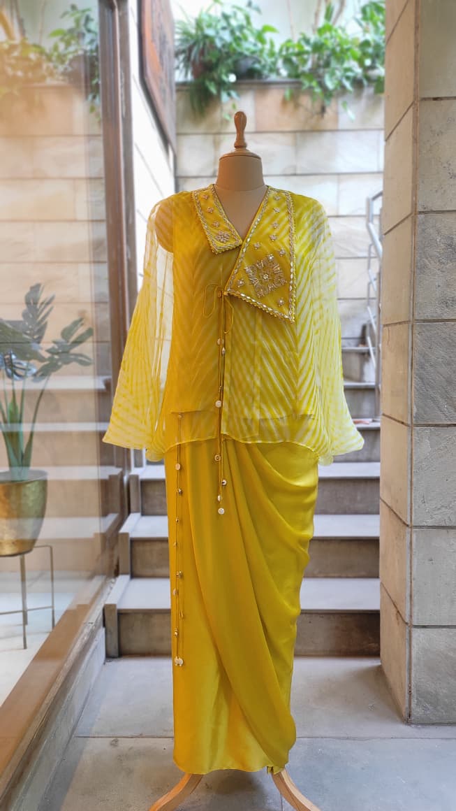 Yellow Leheriya Collar top with Drape Skirt Set
