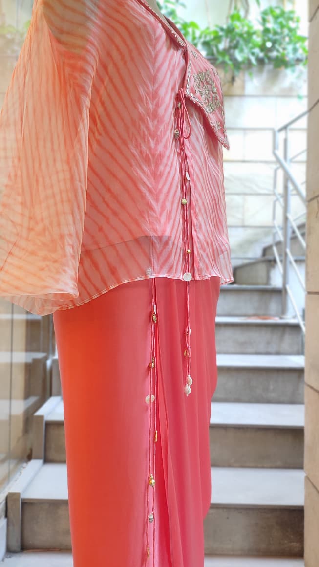 Orange Leheriya Collar top with Drape Skirt Set