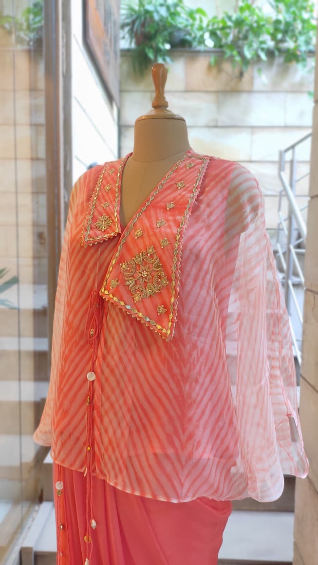 Orange Leheriya Collar top with Drape Skirt Set