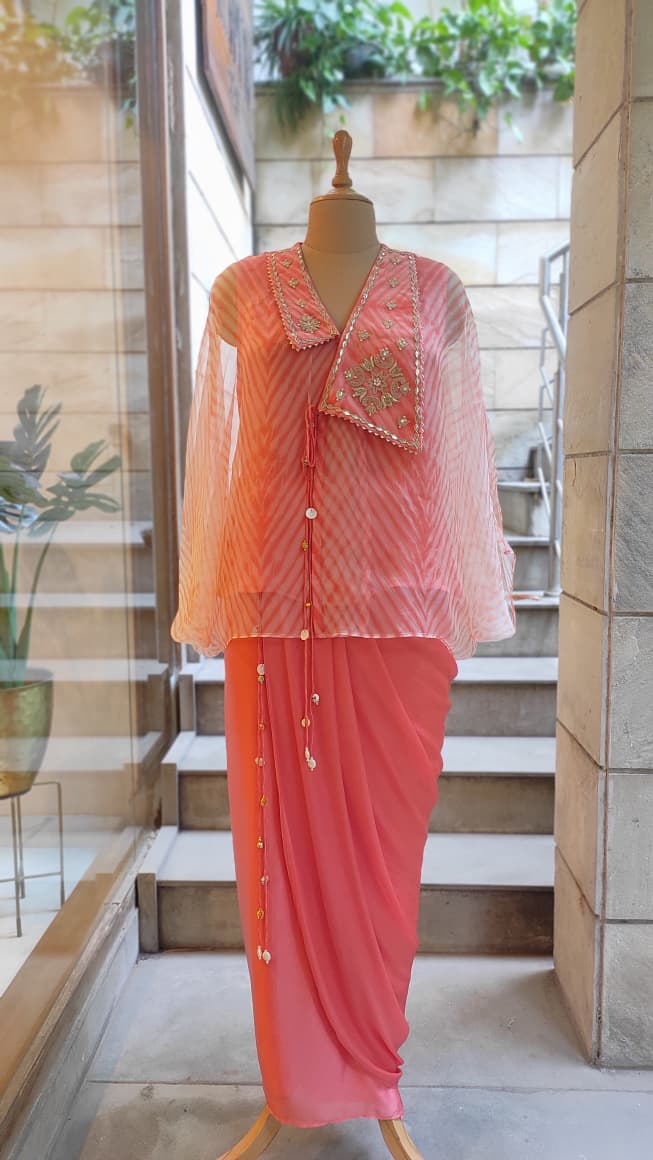 Orange Leheriya Collar top with Drape Skirt Set