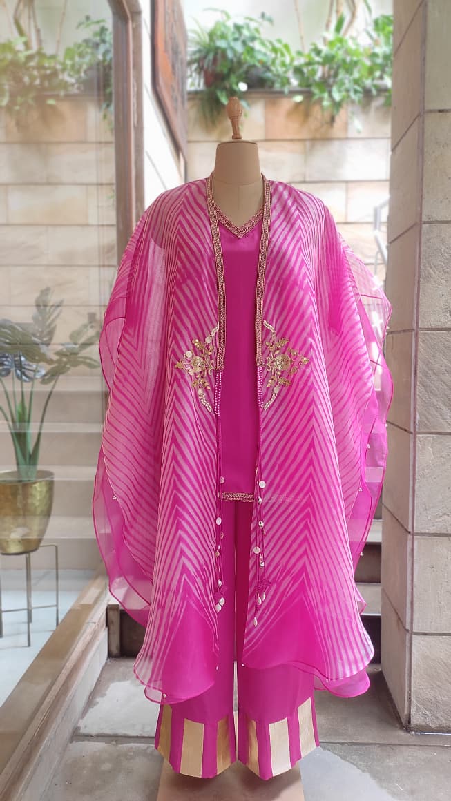 Rose Pink Leheriya Embroidered Layered Cape Set