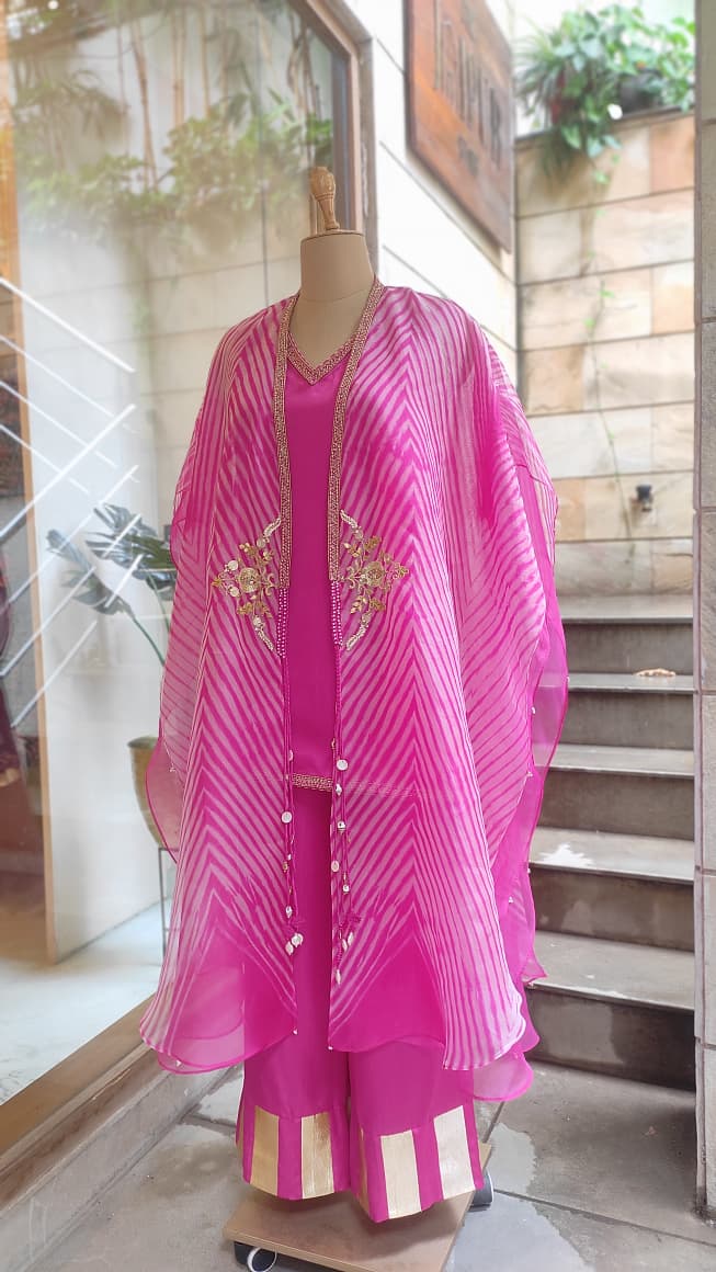 Rose Pink Leheriya Embroidered Layered Cape Set
