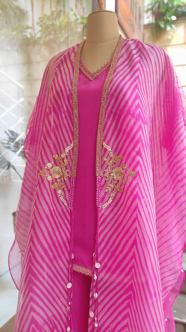 Rose Pink Leheriya Embroidered Layered Cape Set