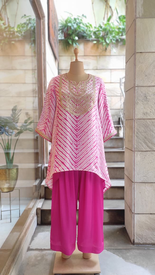 Gulnaar Pink Leheriya Embroidered Kurta & Farsi Salwar Set