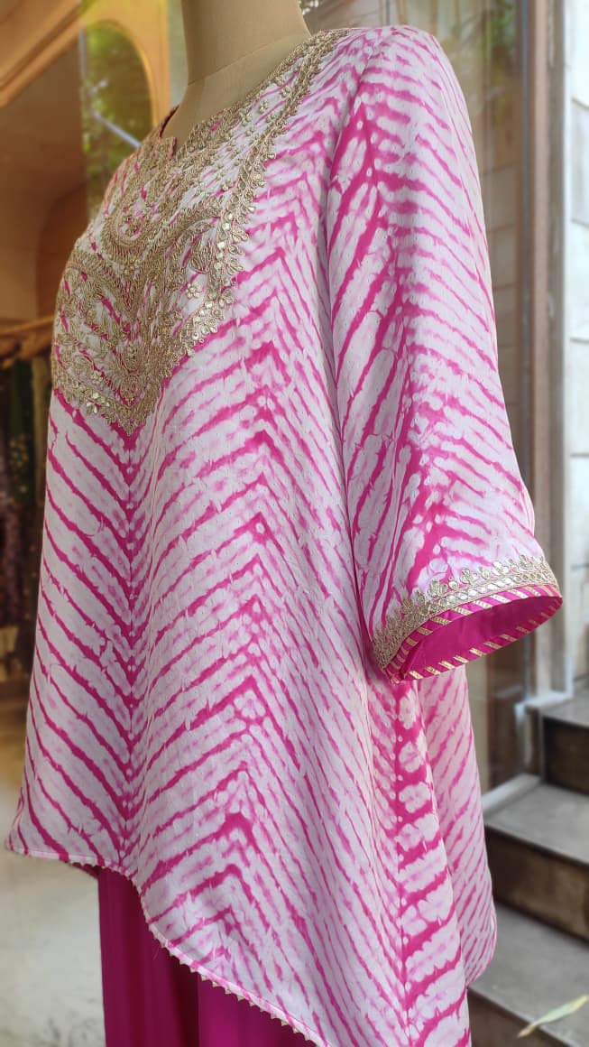 Gulnaar Pink Leheriya Embroidered Kurta & Farsi Salwar Set