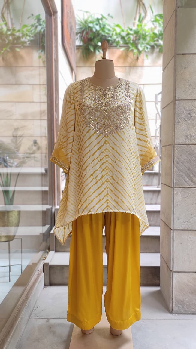 Gulnaar Yellow Leheriya Embroidered Kurta & Farsi Salwar Set
