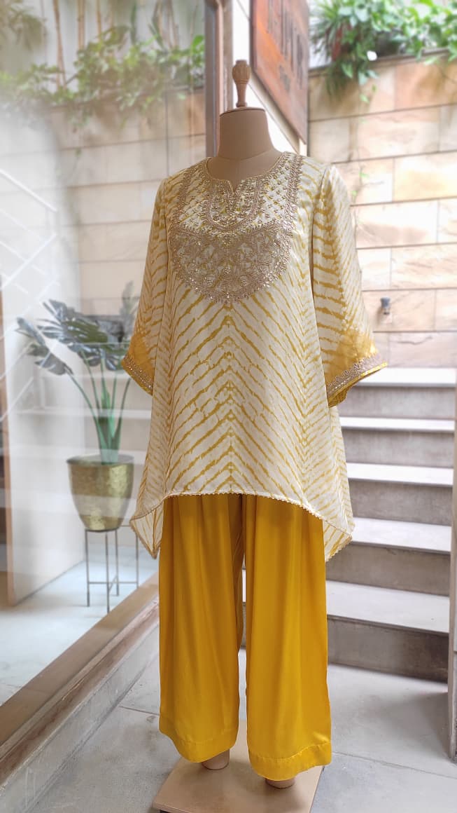 Gulnaar Yellow Leheriya Embroidered Kurta & Farsi Salwar Set