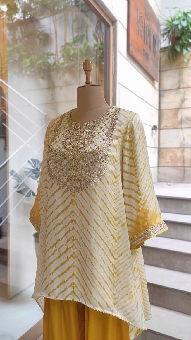 Gulnaar Yellow Leheriya Embroidered Kurta & Farsi Salwar Set