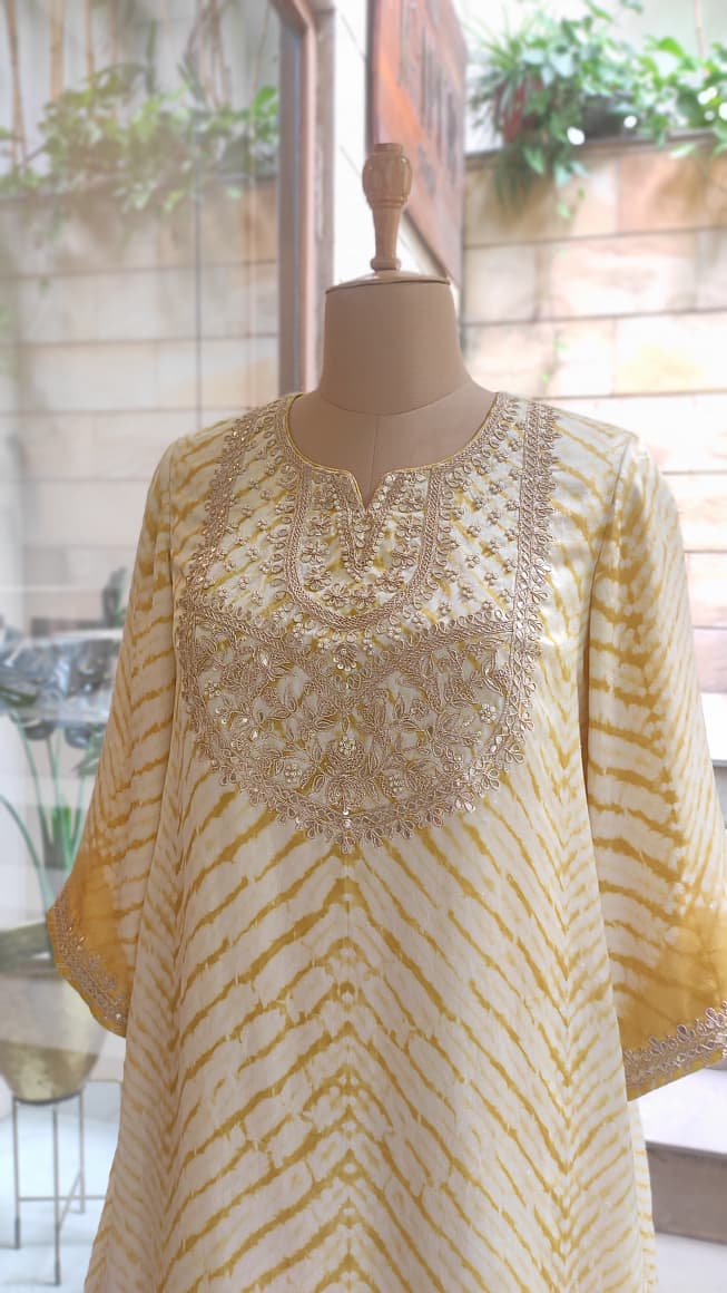 Gulnaar Yellow Leheriya Embroidered Kurta & Farsi Salwar Set