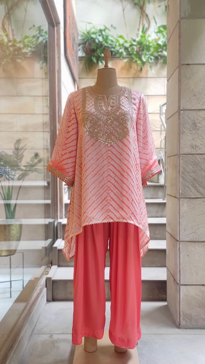 Gulnaar Orange Leheriya Embroidered Kurta & Farsi Salwar Set