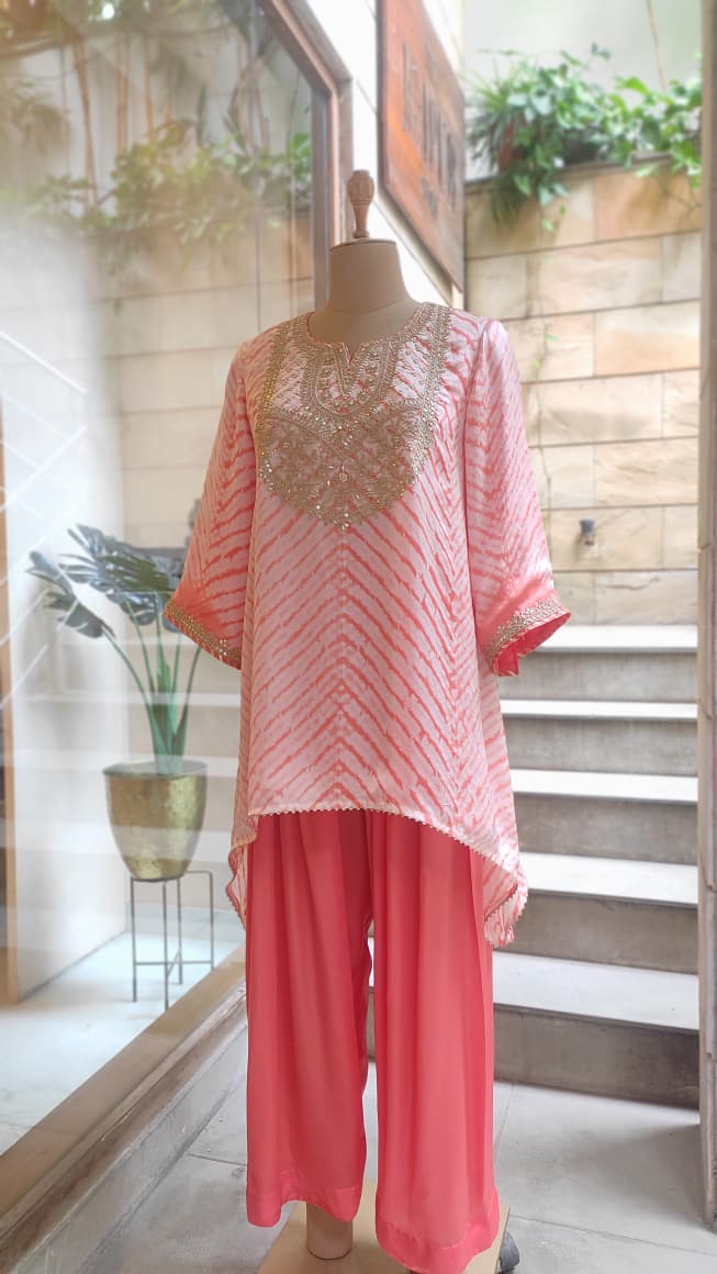 Gulnaar Orange Leheriya Embroidered Kurta & Farsi Salwar Set