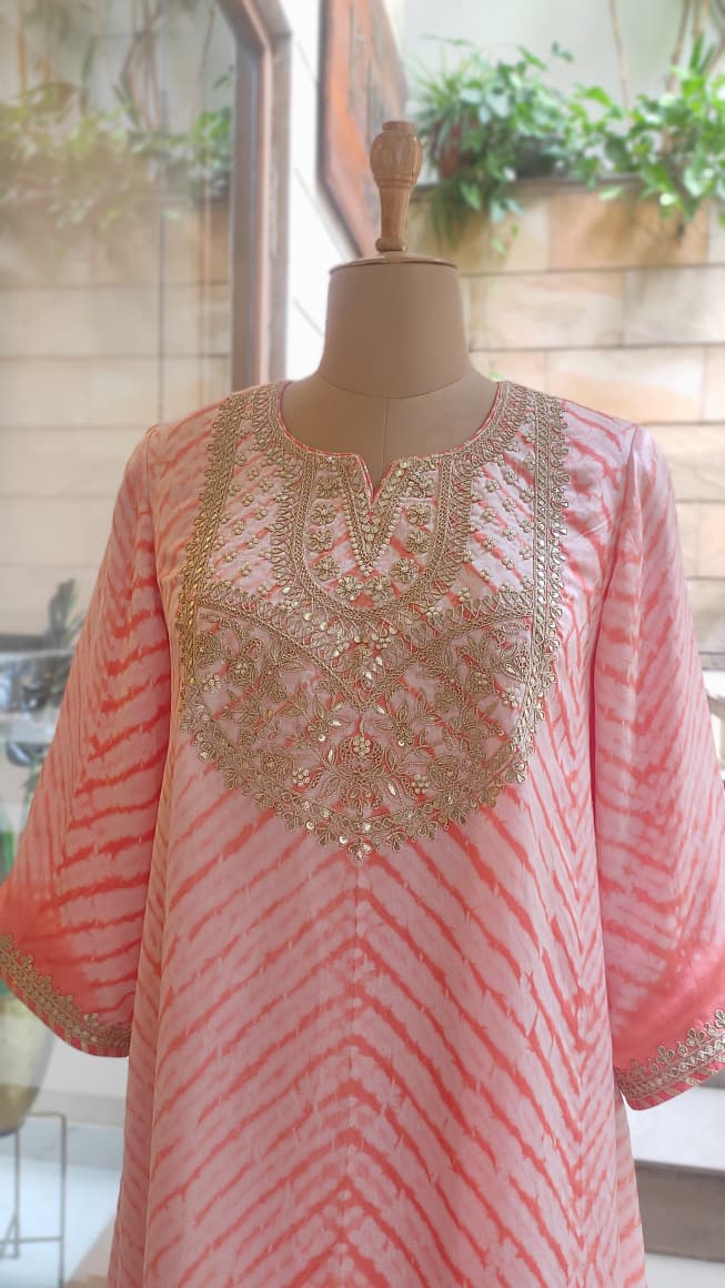 Gulnaar Orange Leheriya Embroidered Kurta & Farsi Salwar Set