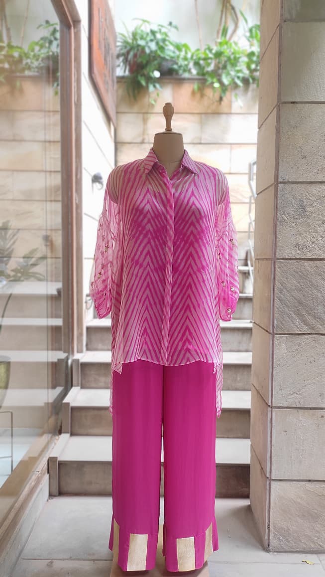 Rose Pink Tasseled Leheriya Co-ord Set