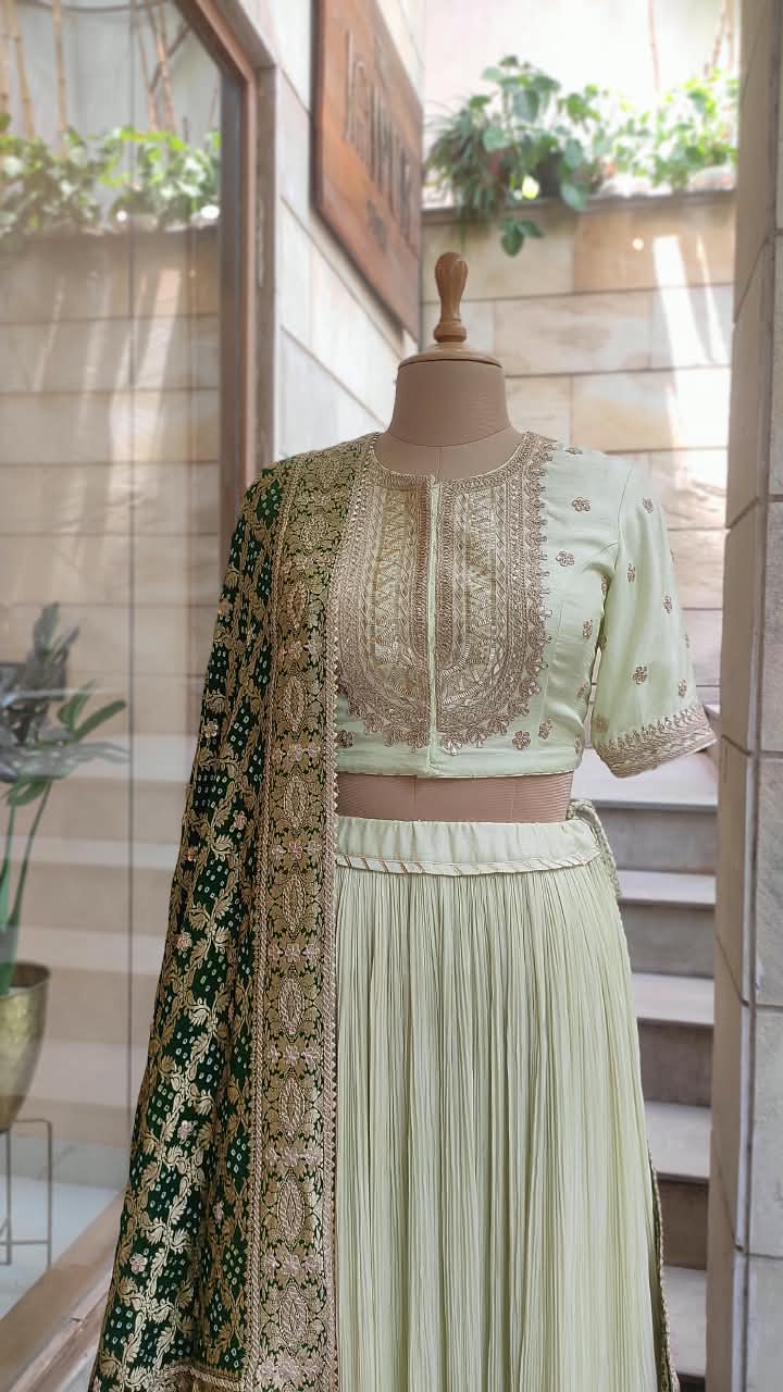 Green Lehenga Set With Bandhani Dupatta